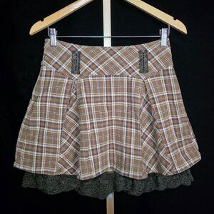 Goelia Plaid Pleated Lace Mini Skirt S